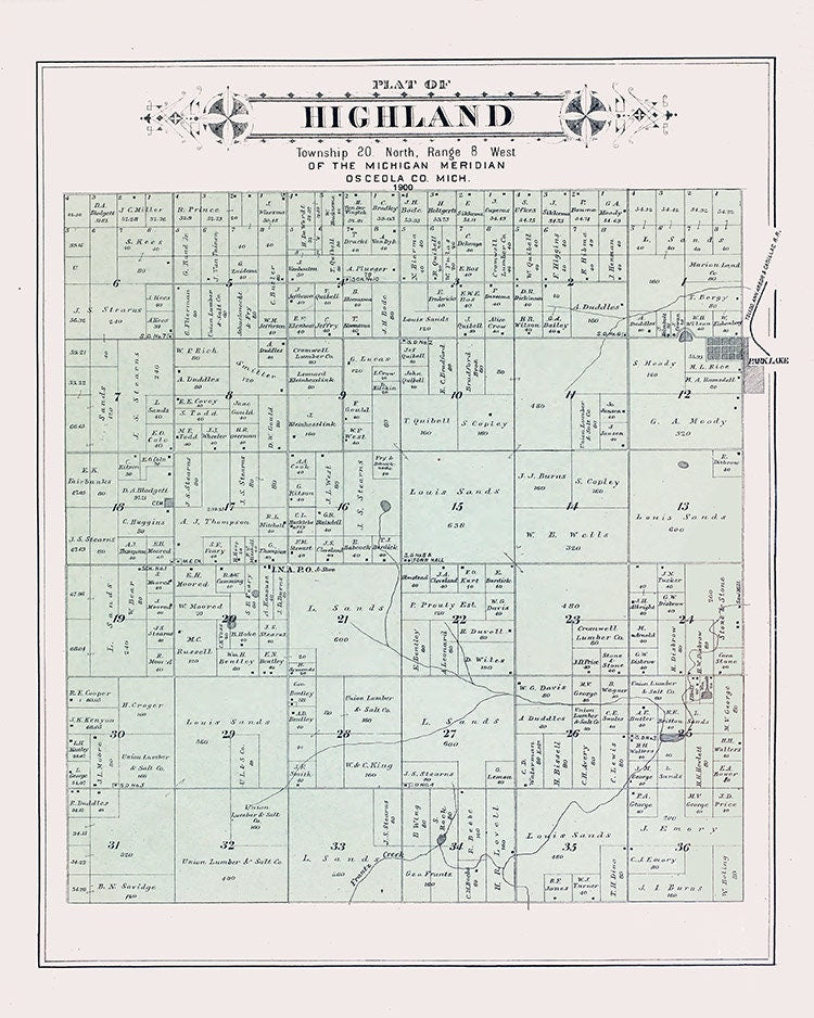 1900 Map of Highland Township Osceola County Michigan