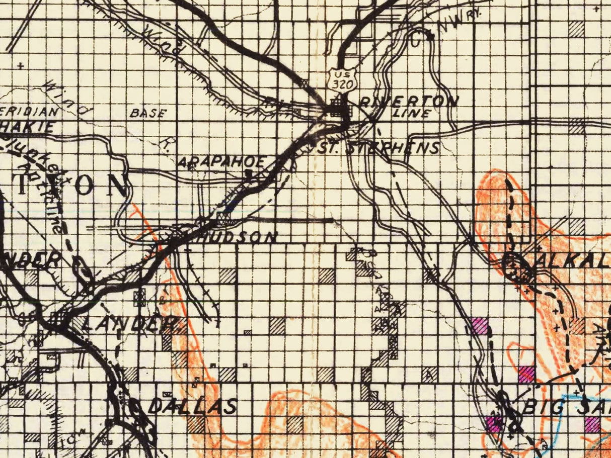 1936 Map of Fremont County Wyoming Oil and Gas Well Fields