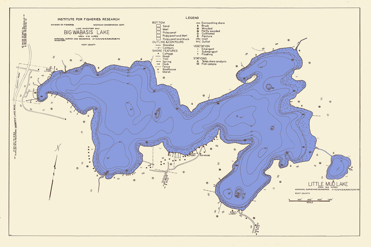 1942 Map of Big Wabasis Lake Kent County Michigan