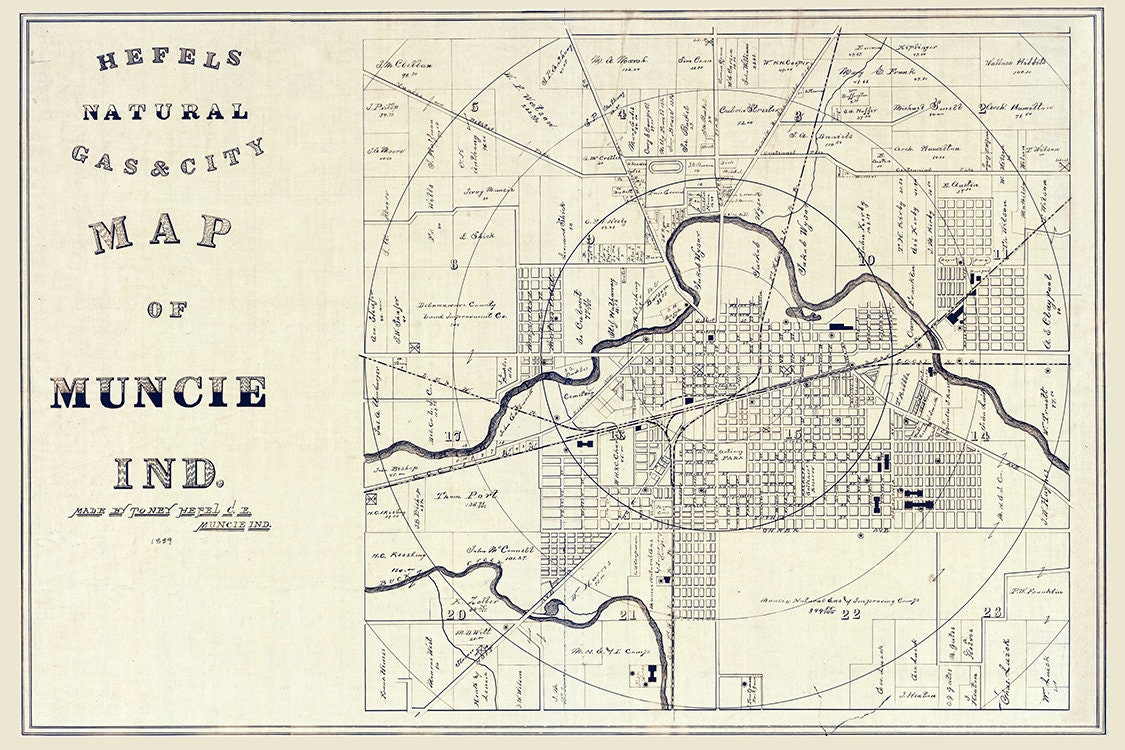 1889 Map of Muncie Indiana Natural Gas Wells