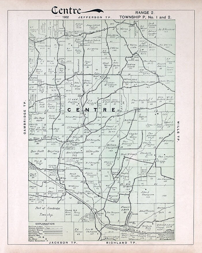 1902 Map of Centre Township Guernsey County Ohio Oil Wells