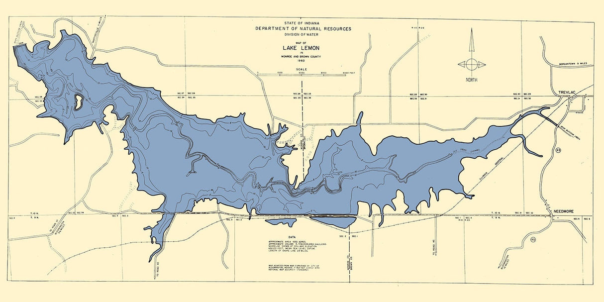 1960 Map of Lake Lemon Monroe and Brown County Indiana