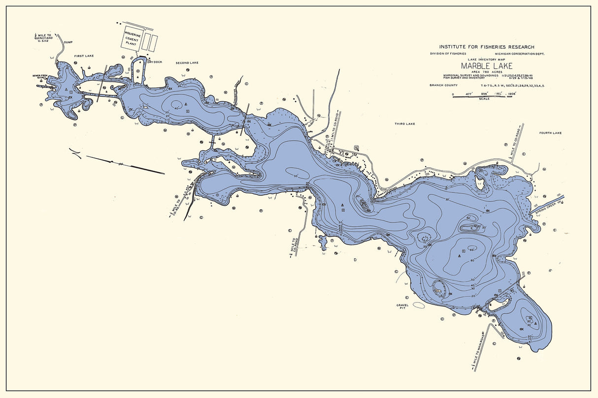 1948 Map of Marble Lake Branch County Michigan