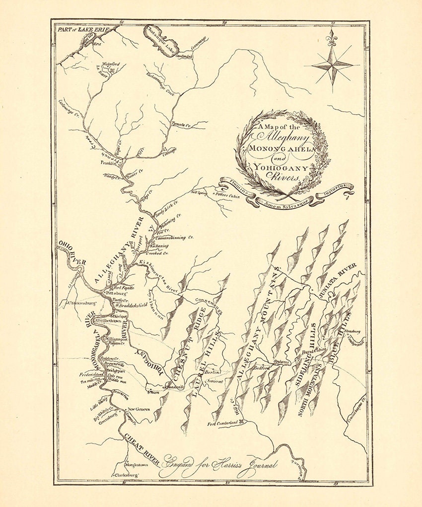 18th Century Map of Alleghany Monongahela and Youghiogheny Rivers Pennsylvania