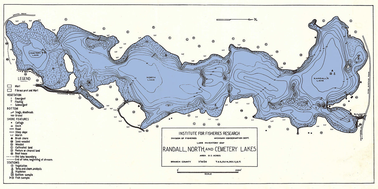 1938 Map of Randall North and Cemetery Lakes Branch County Michigan