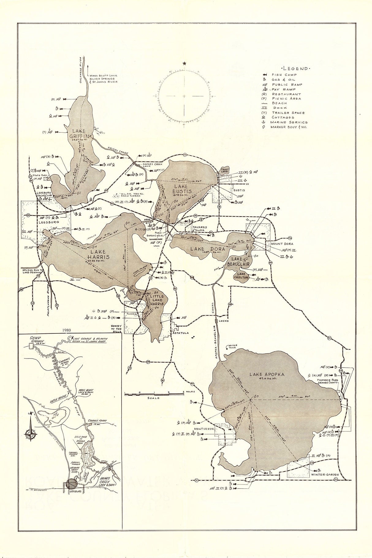 1980 Map of Lake County Florida Lakes