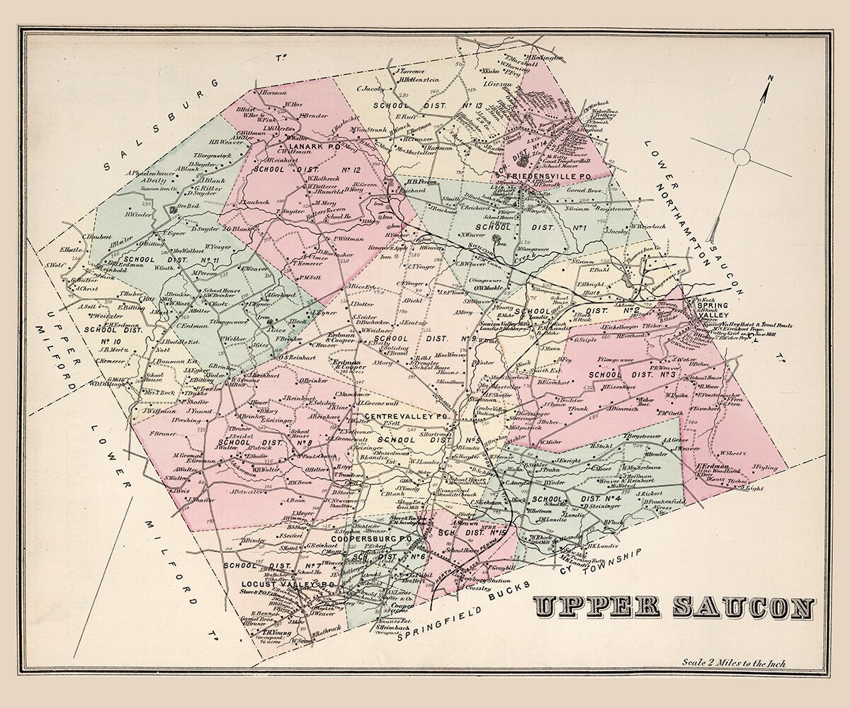 1876 Map of Upper Saucon Township Lehigh County Pennsylvania