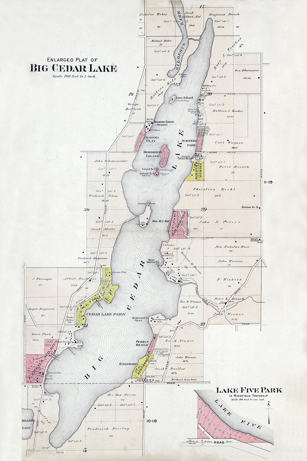 1915 Map of Big Cedar Lake Washington County Wisconsin