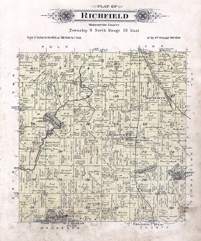 1915 Map of Richfield Township Washington County Wisconsin