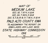 1916 Map of Medium Lake Palo Alto County Iowa Emmetsburg