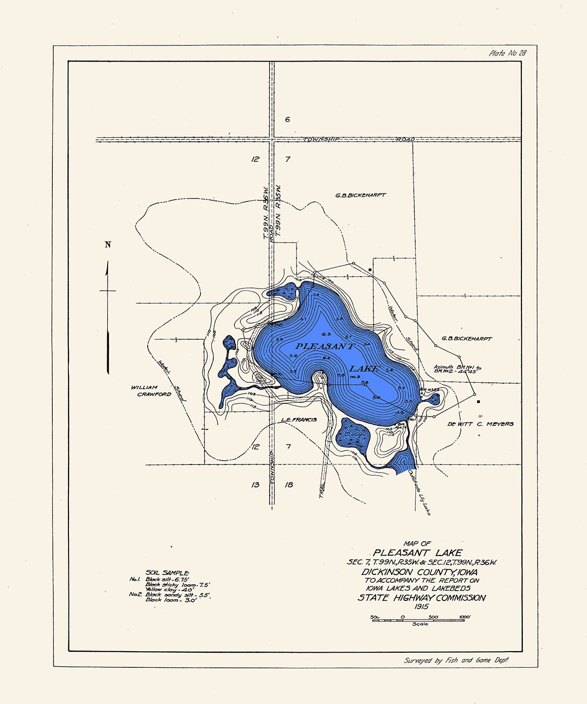 1915 Map of Pleasant Lake Dickinson County Iowa