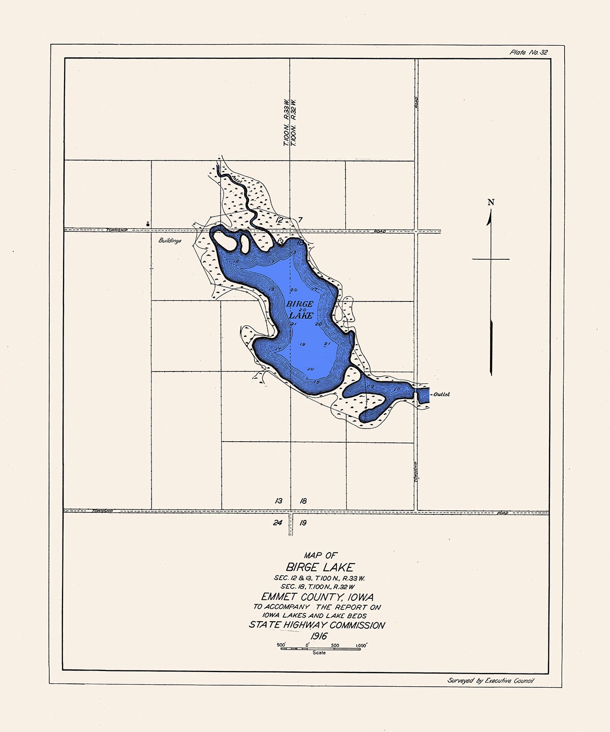 1916 Map of Birge Lake Emmet County Iowa