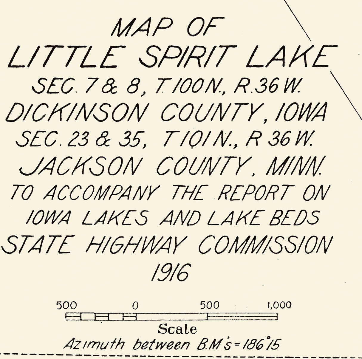 1916 Map of Little Spirit Lake Dickinson County Iowa & Jackson County Minnesota