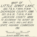 1916 Map of Little Spirit Lake Dickinson County Iowa & Jackson County Minnesota