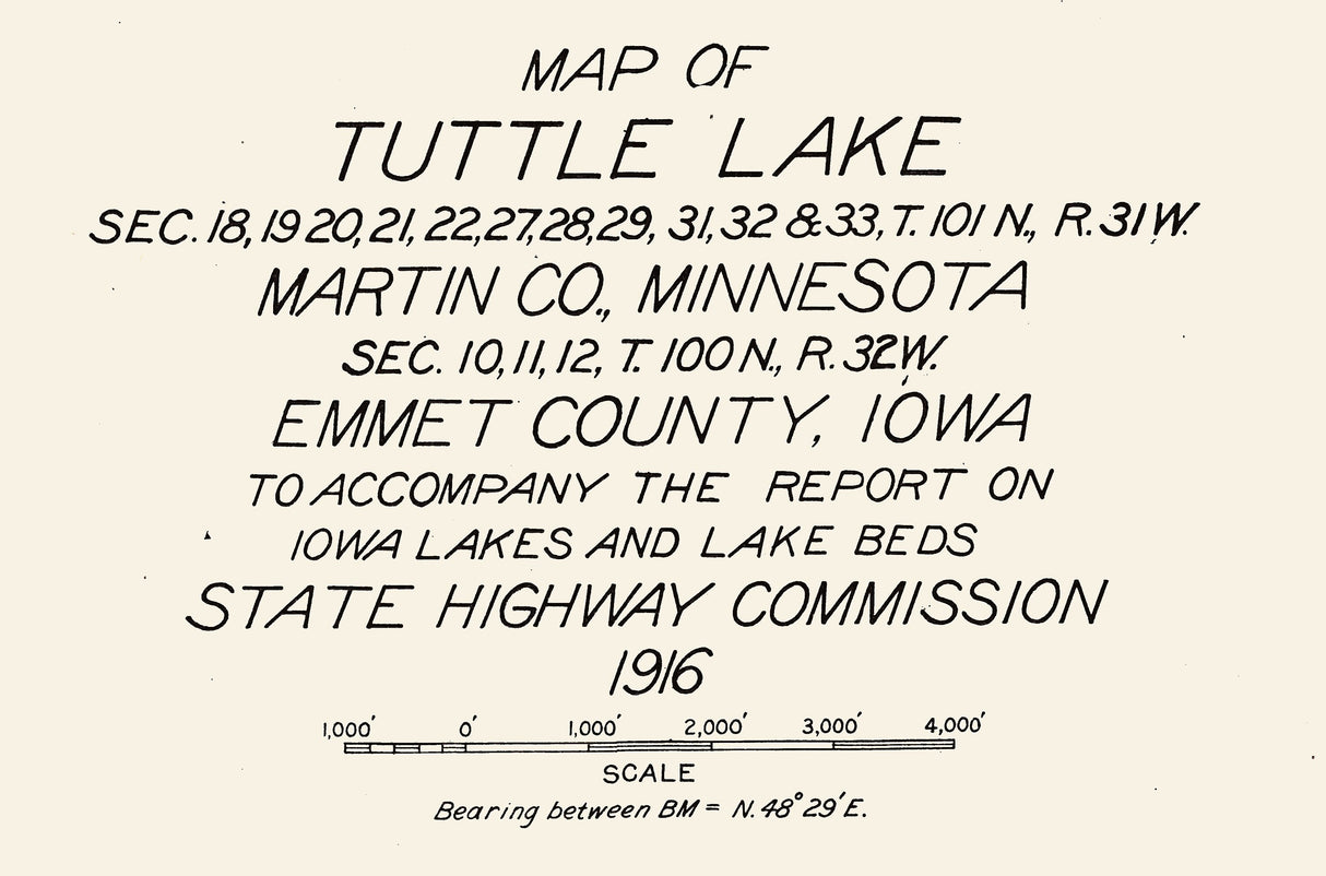 1916 Map of Tuttle Lake Martin County Minnesota & Emmet County Iowa