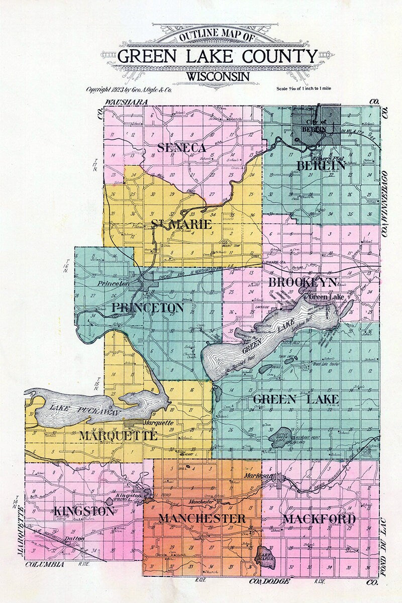 1923 Map of Green Lake County Wisconsin
