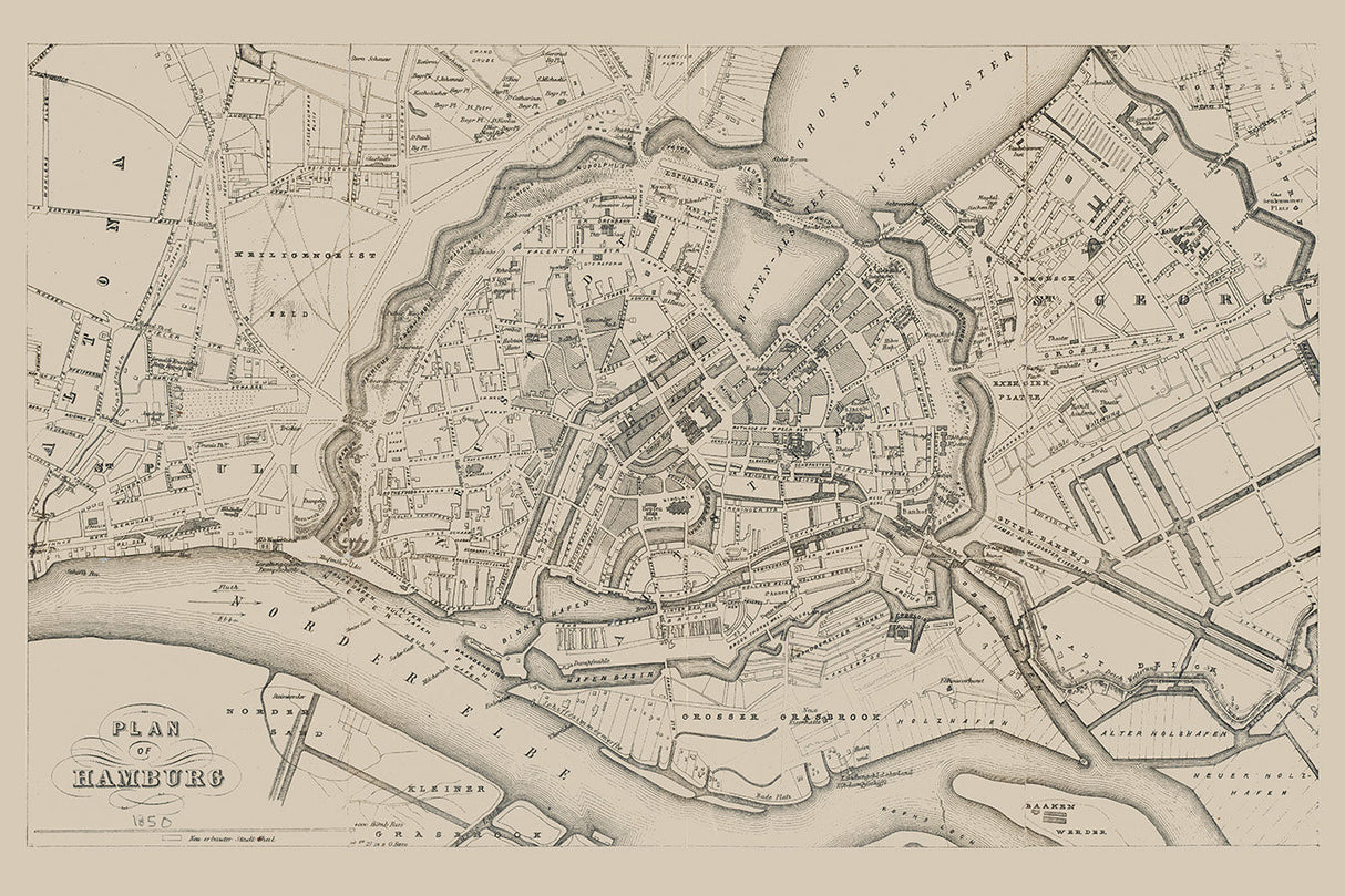 1850 Map of Hamburg Germany