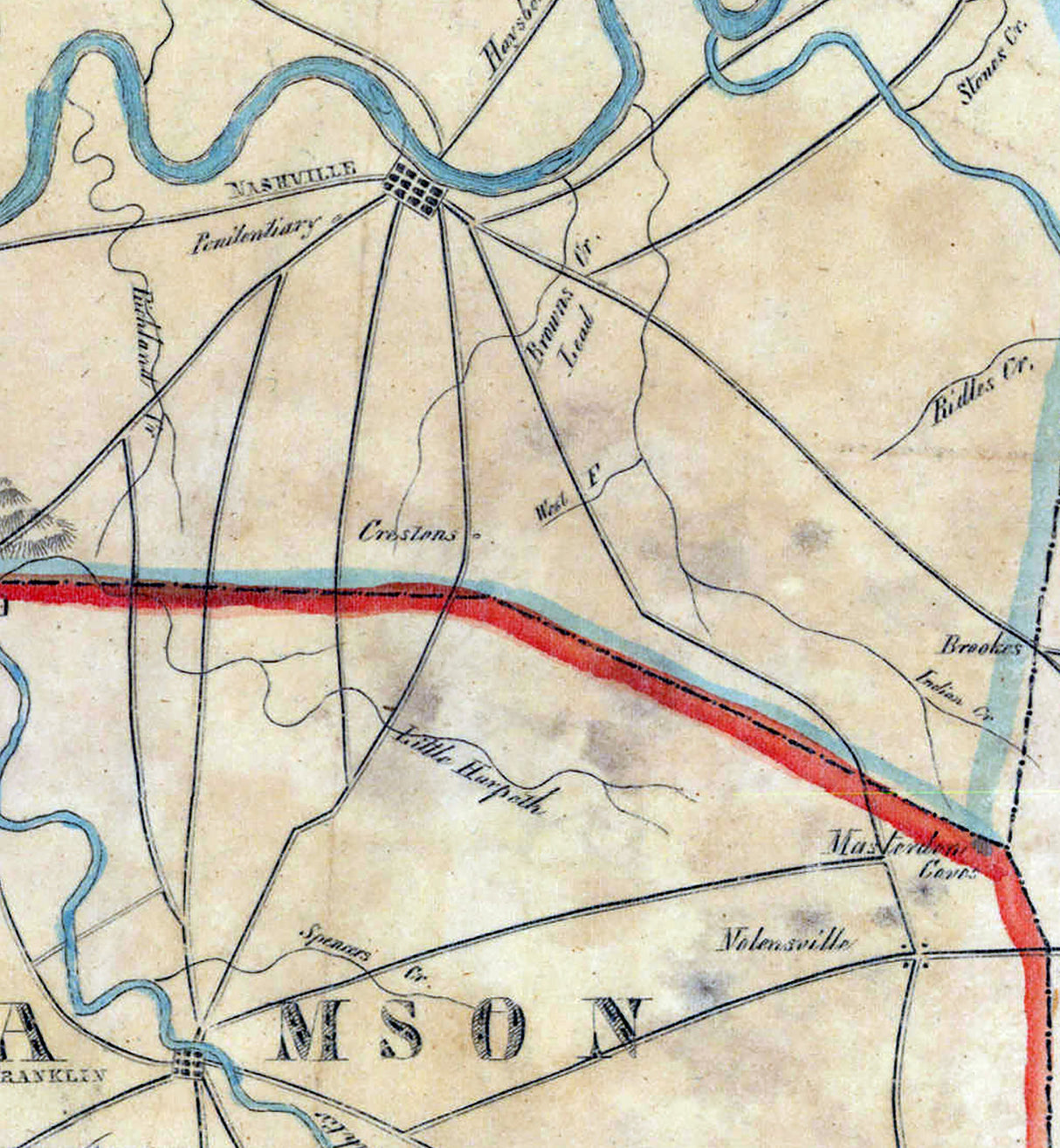 1843 Map of Davidson Williamson and Maury County Tennessee