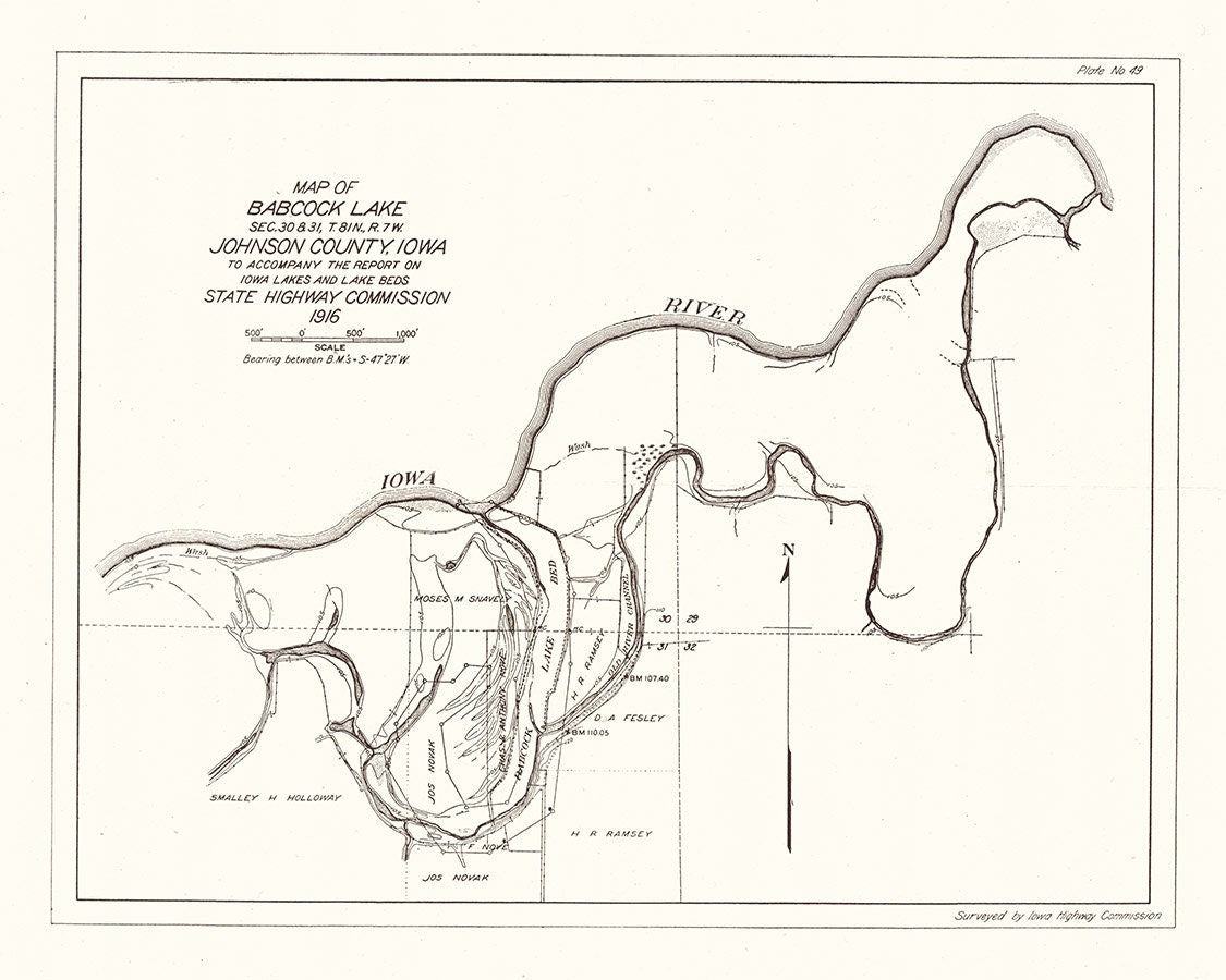 1916 Map of Babcock Lake Johnson County Iowa