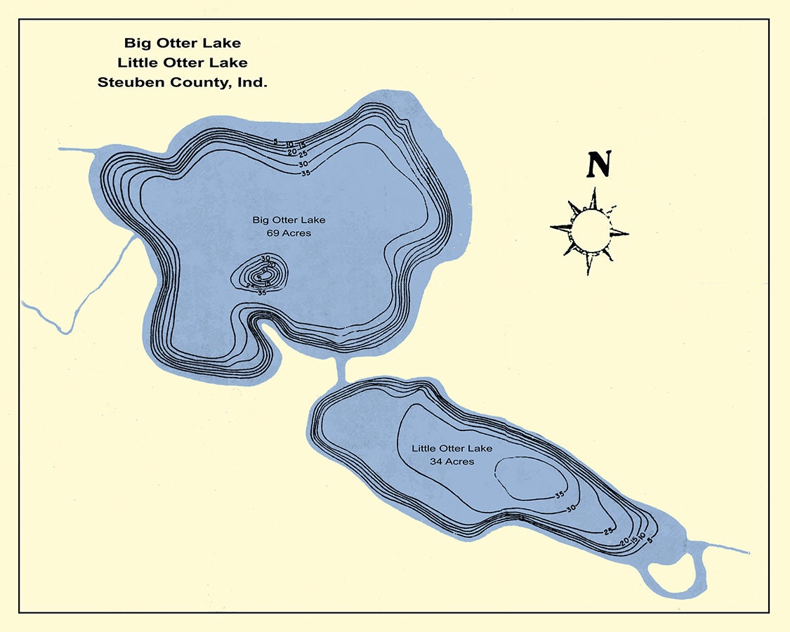1950 Map of Big Otter and Little Otter Lake Steuben County Indiana