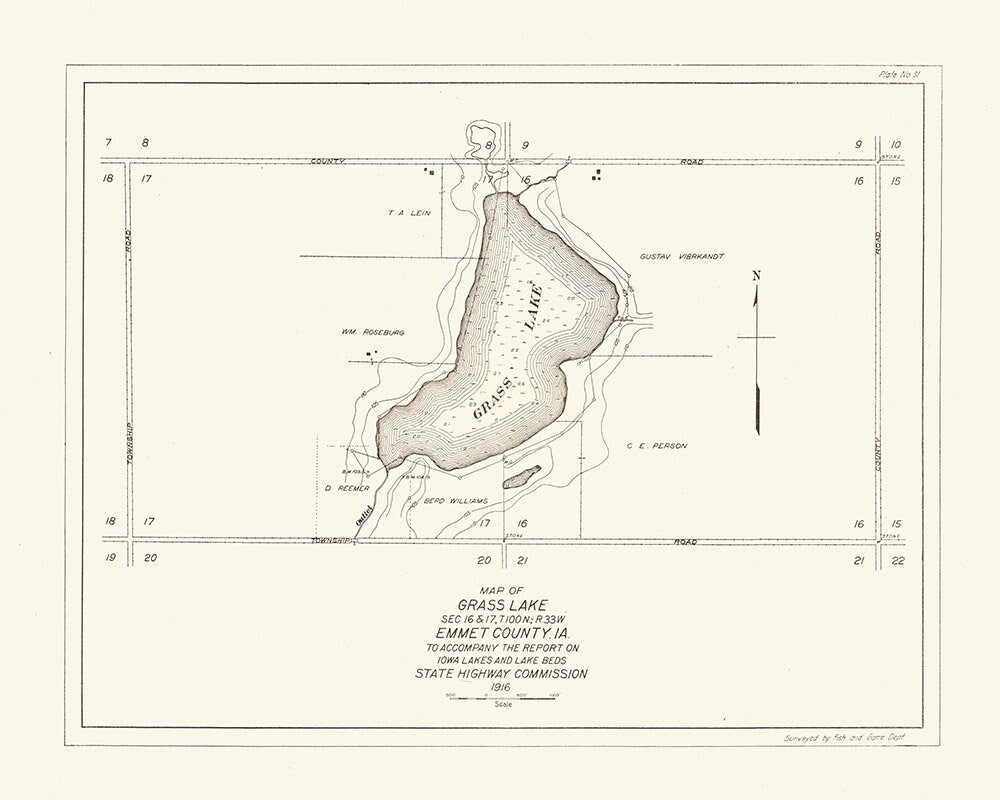 1916 Map of Grass Lake Emmet County Iowa