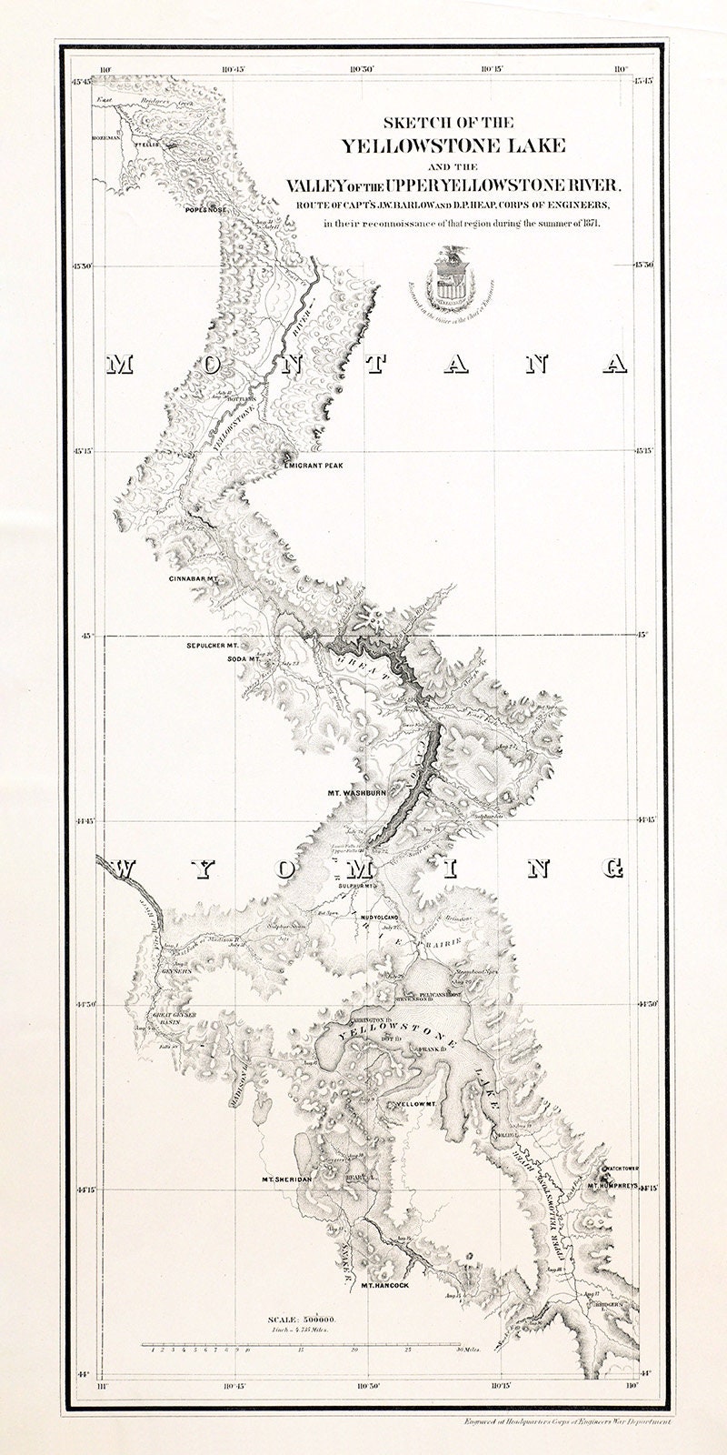 1871 Map of Yellowstone Lake and Upper Yellowstone River Wyoming Montana