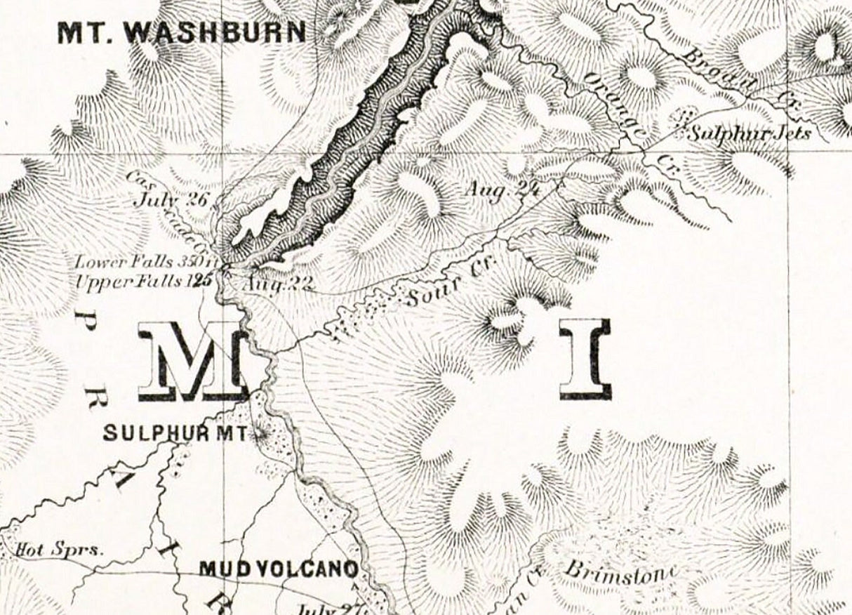 1871 Map of Yellowstone Lake and Upper Yellowstone River Wyoming Montana