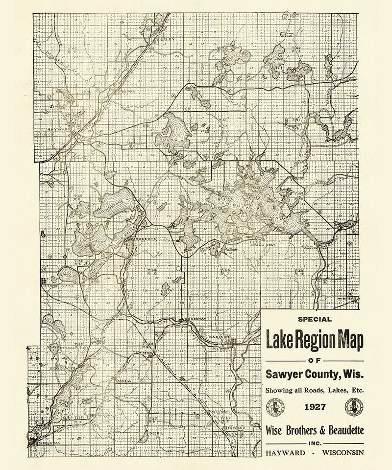 1927 Lake Region Map of Sawyer County Wisconsin