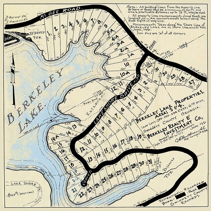 1950 Map of Berkeley Lake Properties Gwinnett County Georgia