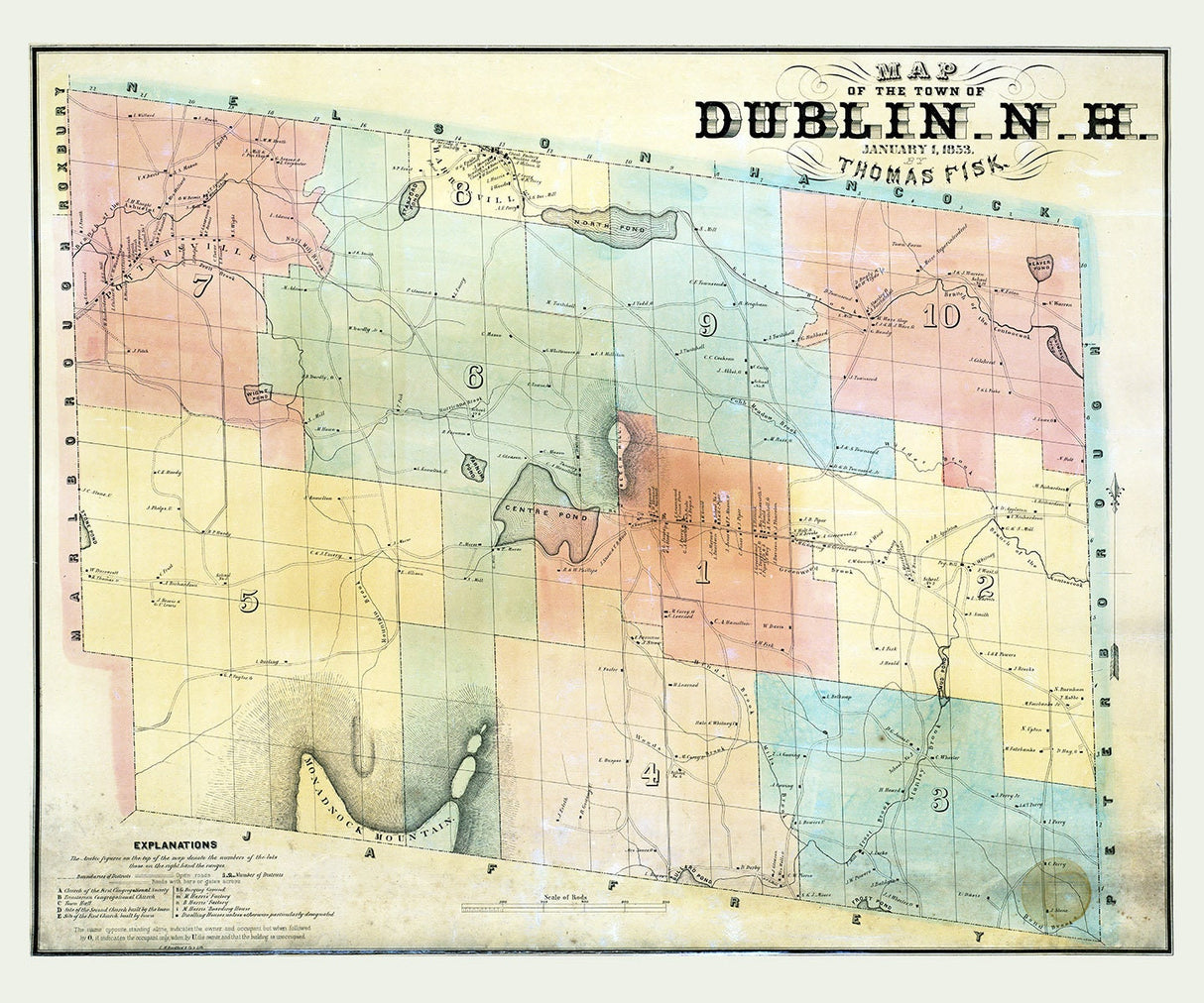 1853 Town Map of Dublin Cheshire County New Hampshire
