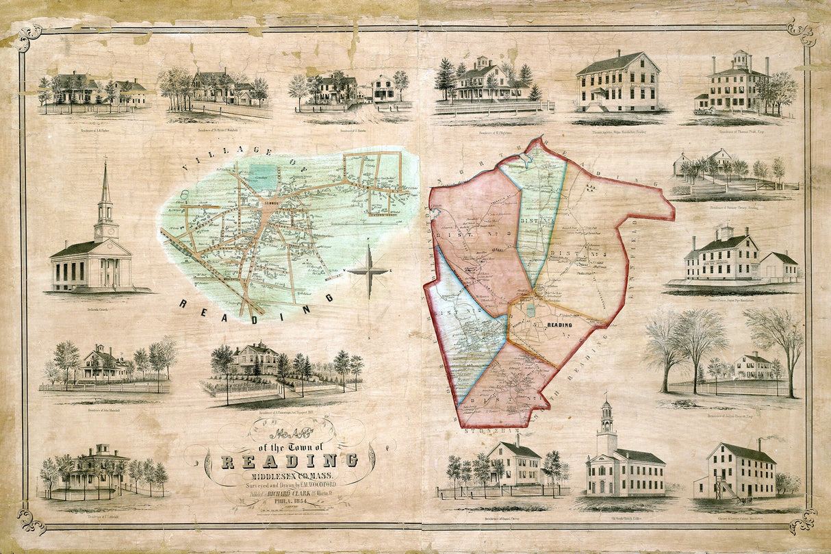 1854 Town Map of Reading Middlesex County Massachusetts