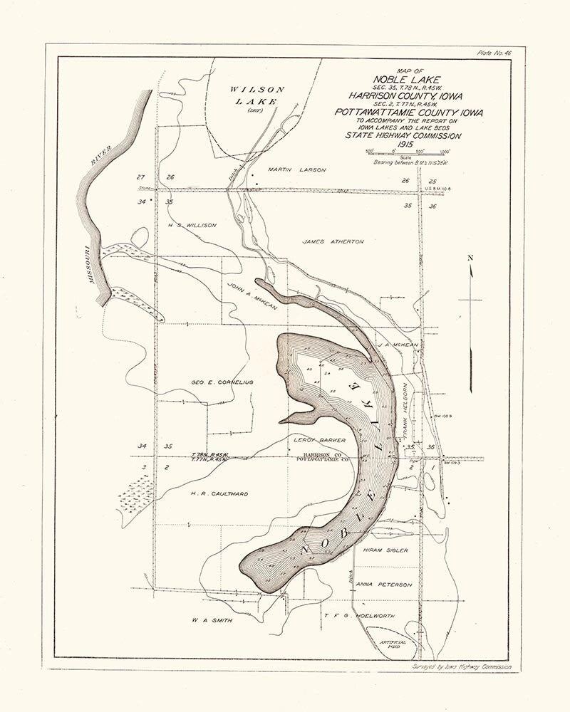 1916 Map of Noble Lake Harrison County and Pottawattamie County Iowa