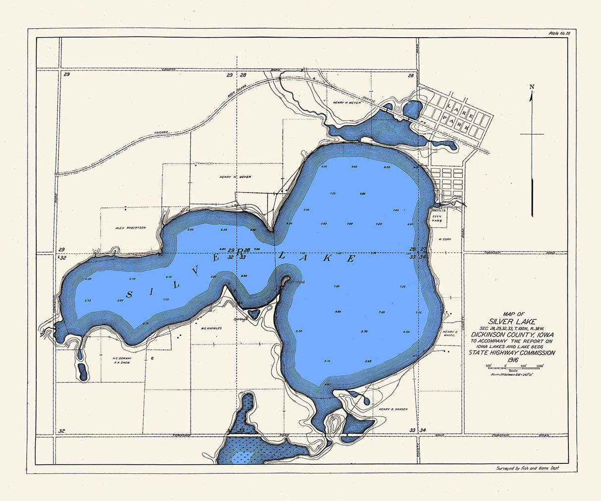 1916 Map of Silver Lake Dickinson County Iowa