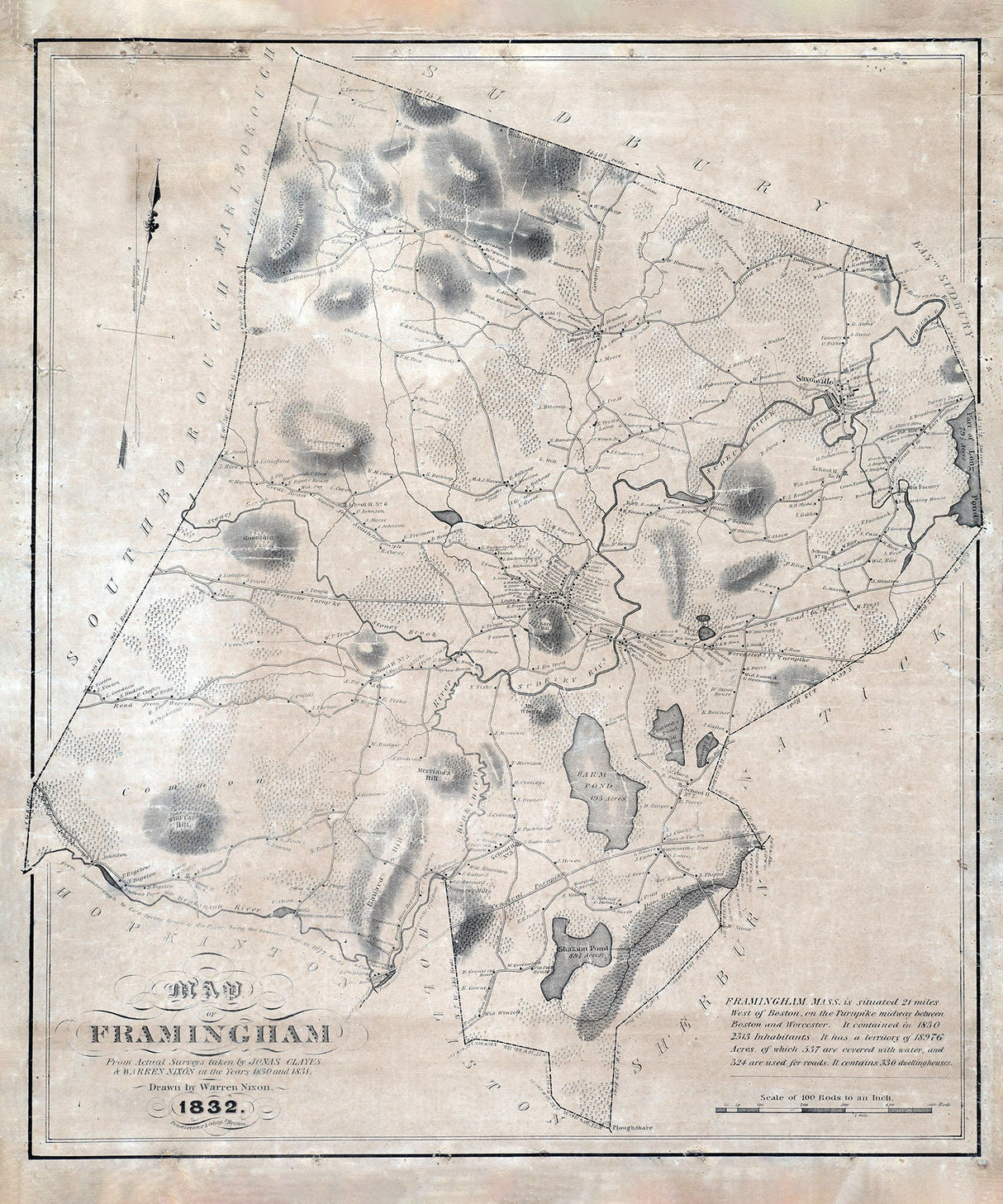 1832 Map of Framingham Middlesex County Massachusetts