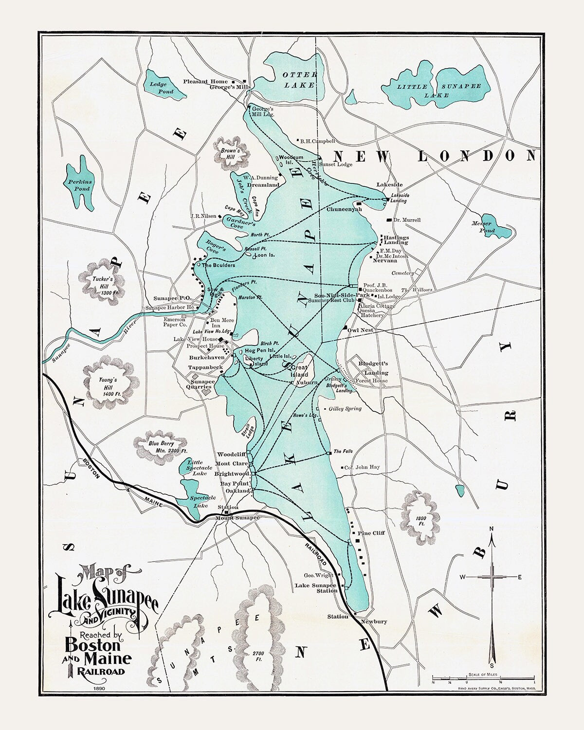 1890 Map of Lake Sunapee New Hampshire