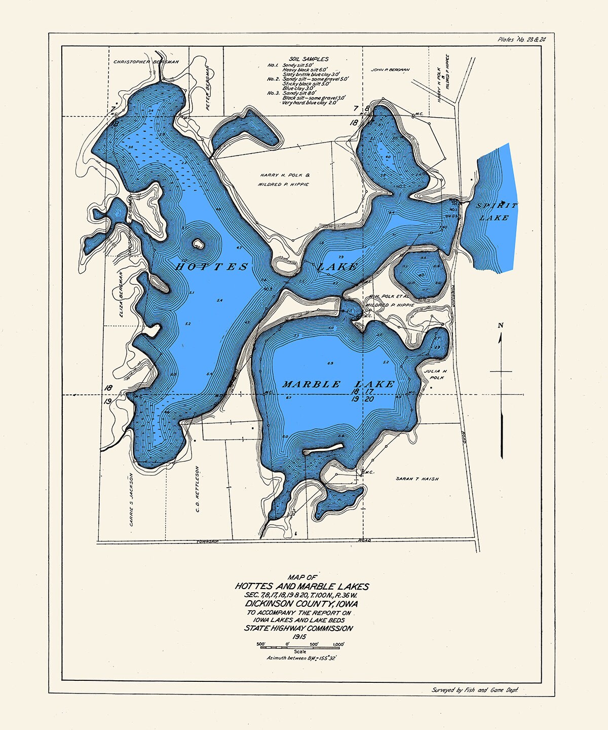 1915 Map of Hottes and Marble Lakes Dickinson County Iowa