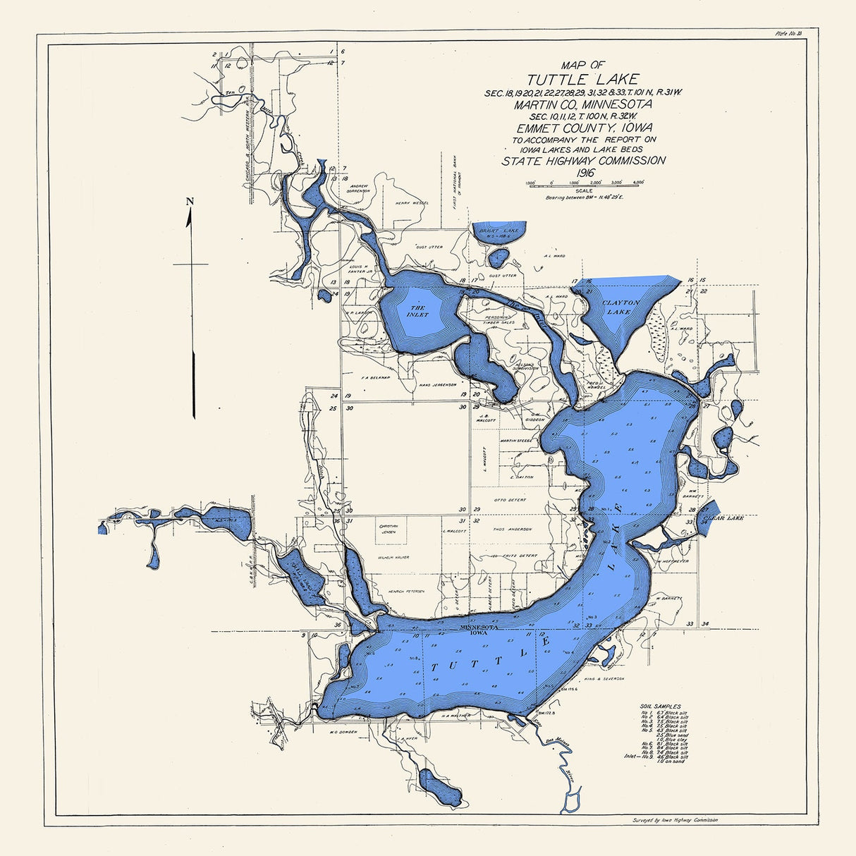 1916 Map of Tuttle Lake Martin County Minnesota & Emmet County Iowa