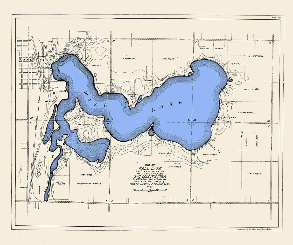 1916 Map of Wall Lake Sac County Iowa Lake View
