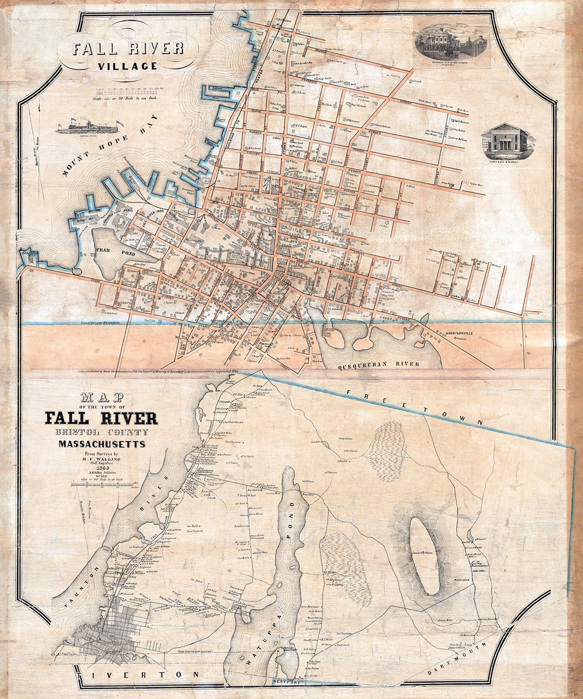 1850 Town Map of Fall River Bristol County Massachusetts