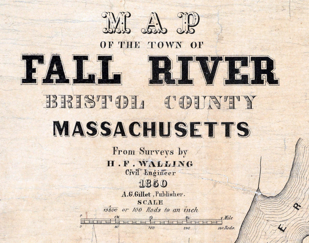 1850 Town Map of Fall River Bristol County Massachusetts
