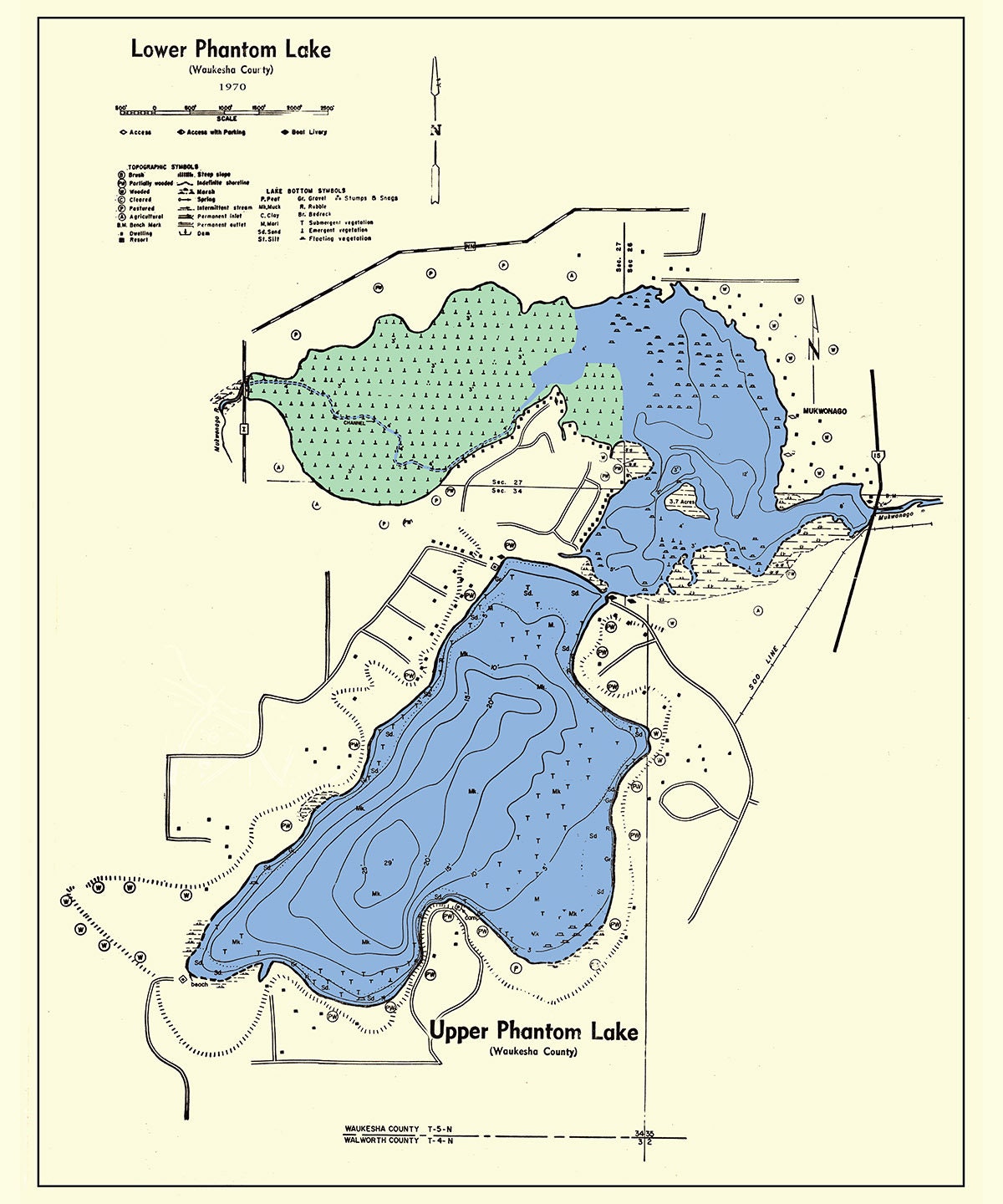 1970 Map of Upper Phantom & Lower Phantom Lake Waukesha County Wisconsin