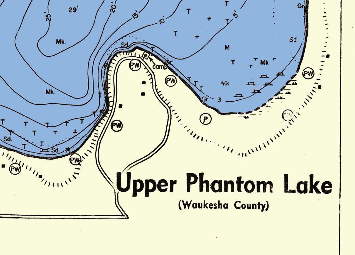 1970 Map of Upper Phantom & Lower Phantom Lake Waukesha County Wisconsin