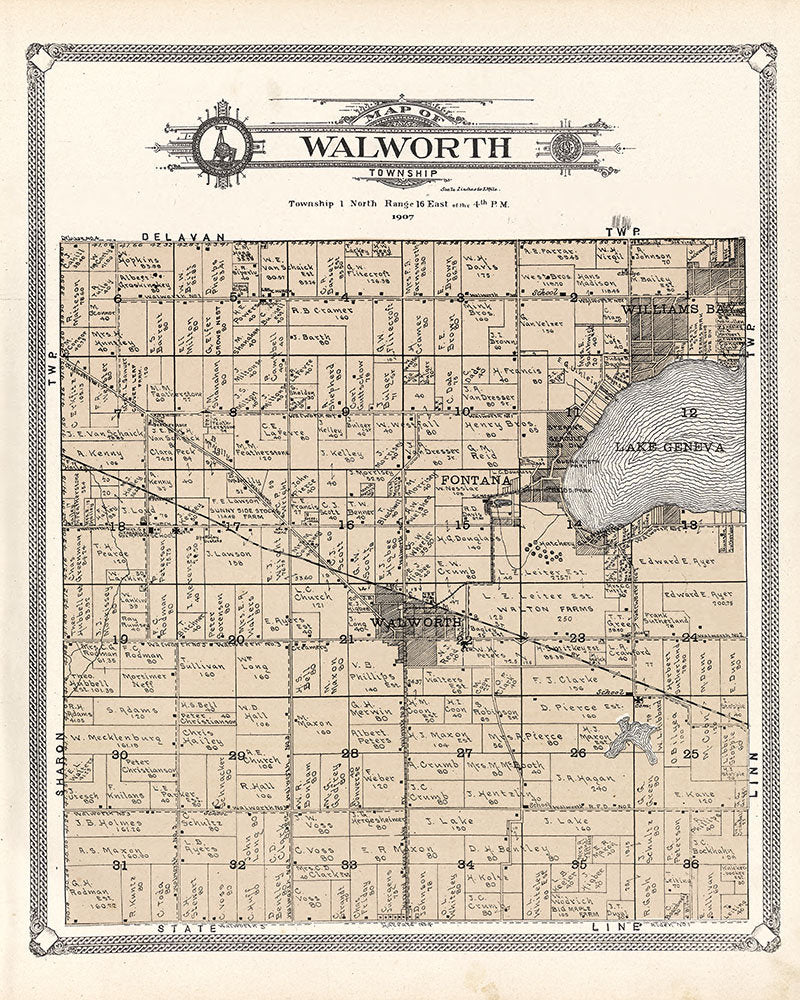 1907 Map of Walworth Township Walworth County Wisconsin