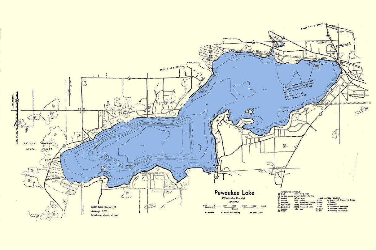 1970 Map of Pewaukee Lake Waukesha County Wisconsin