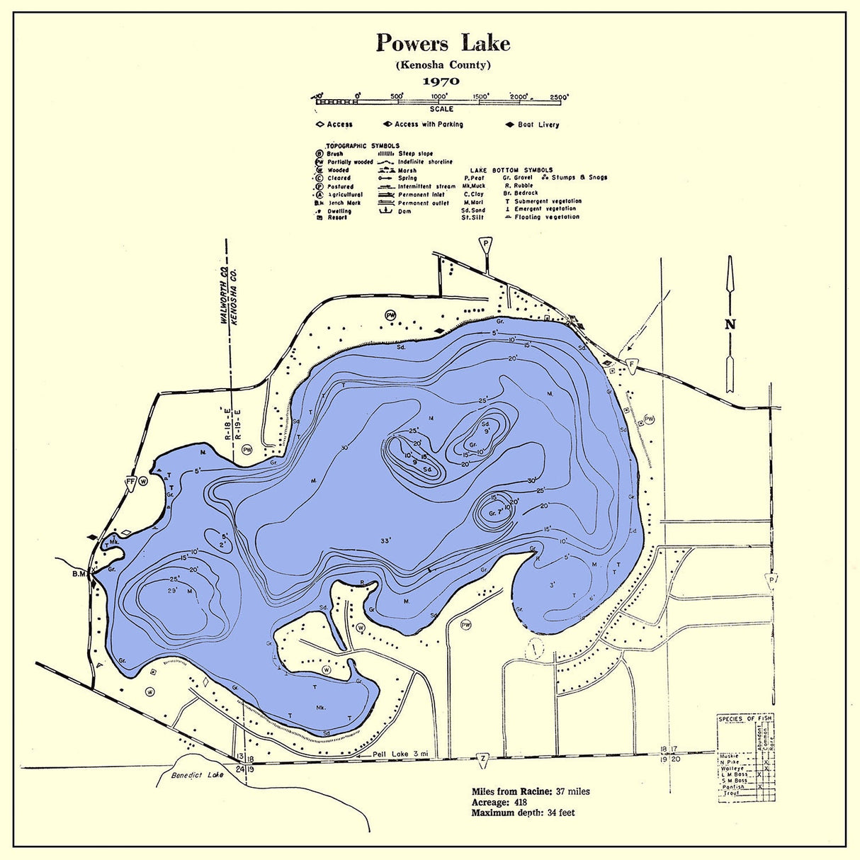 1970 Map of Powers Lake Kenosha County Wisconsin
