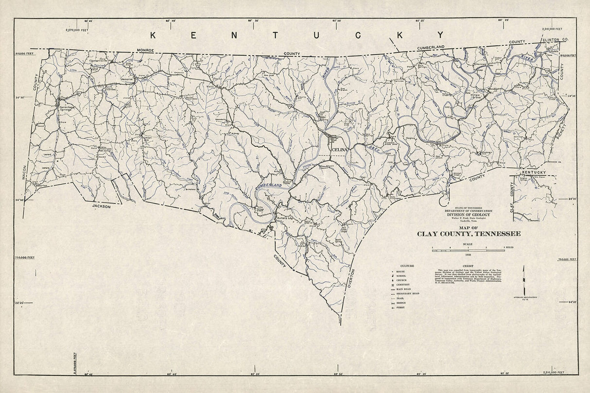 1938 Map of Clay County Tennessee