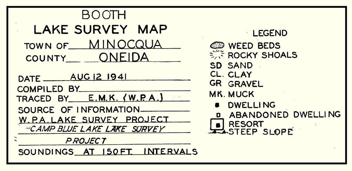 1941 Map of Booth Lake Oneida County Wisconsin