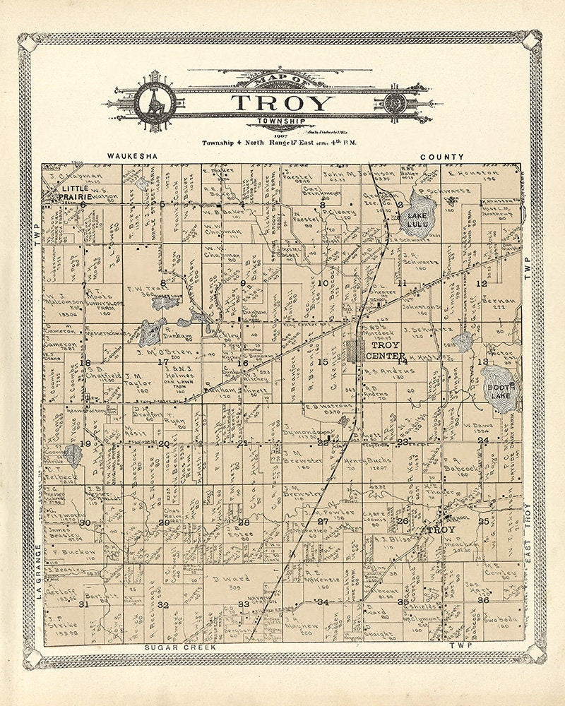 1907 Map of Troy Township Walworth County Wisconsin