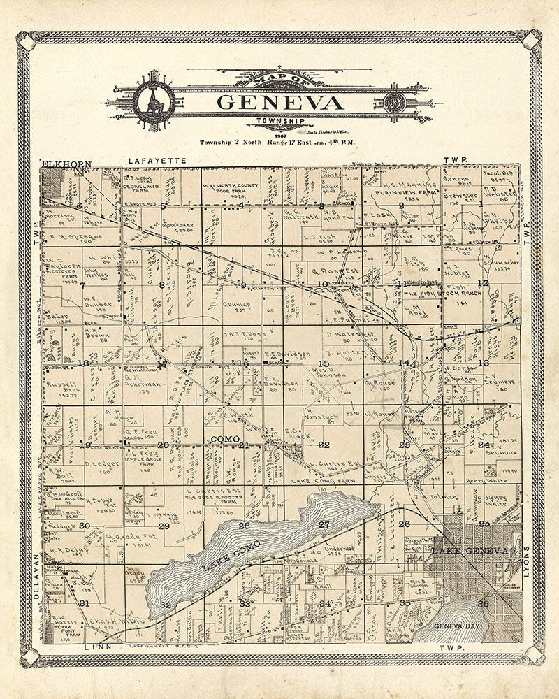 1907 Map of Geneva Township Walworth County Wisconsin