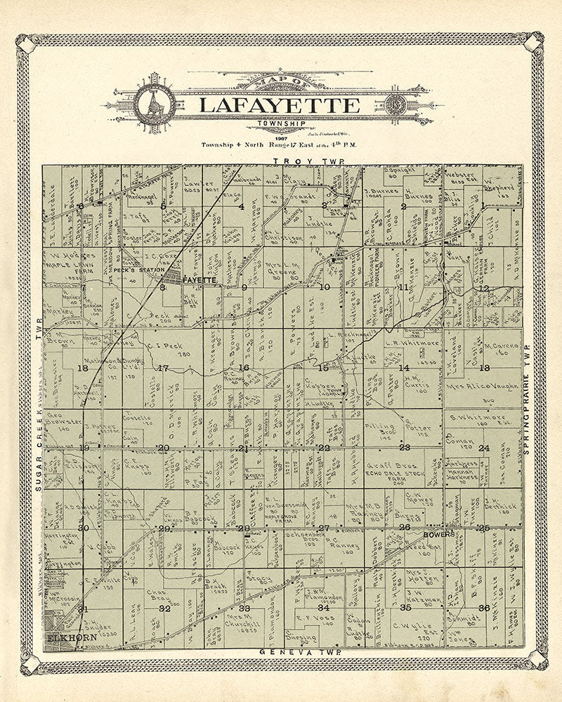 1907 Map of LaFayette Township Walworth County Wisconsin